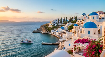 Fototapeta premium Santorini Greece at Sunset with Blue Domed Churches.