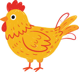A cheerful cartoon illustration of a plump yellow hen with a red comb and wattle standing proudly on its feet isolated on transparent background