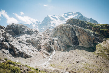 Adyrsu Gorge. Mount Ullu-Tau. Beautiful view of the raging mountain river. Nature and travel. Russia, Caucasus, Kabardino-Balkaria