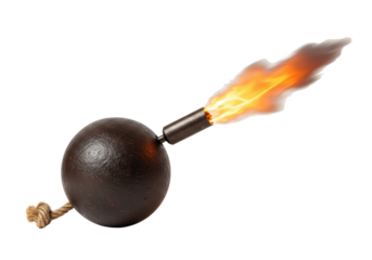 Isolated antique cannonball with burning fuse, historical ordnance, dangerous weapon