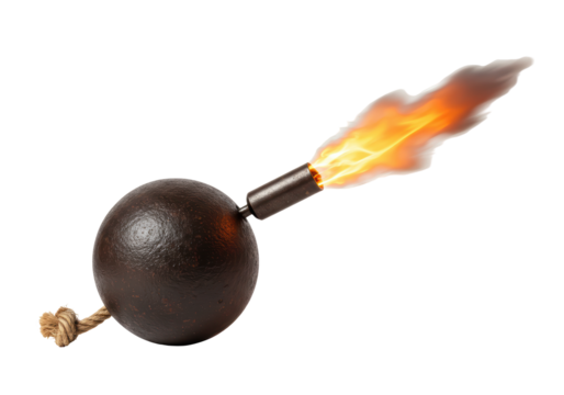 Isolated antique cannonball with burning fuse, historical ordnance, dangerous weapon