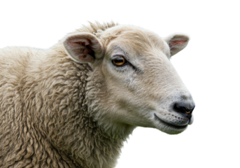 Isolated Woolly Sheep with Detailed Facial Features in Profile Showing Eye and Ear Detail