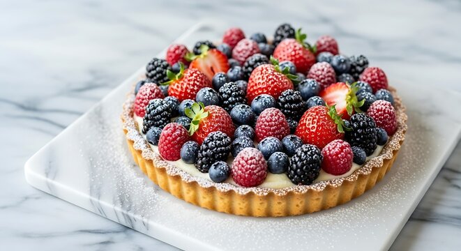 Delicious Fresh Mixed Berry Tart with Creamy Filling on a White Marble Surface. - Powered by Adobe