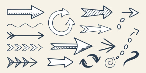 A collection of hand-drawn arrows in various styles, arranged randomly on a clean white background. The arrows vary in shape and direction, including straight, curved, wavy, zigzag, looped, dashed, an