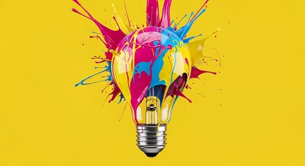 Explosion of colorful paint splashing out of a light bulb against a vibrant yellow background