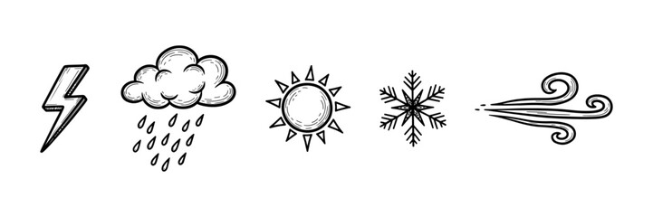 doodle collection of hand drawn weather symbols, unique and contemporary.