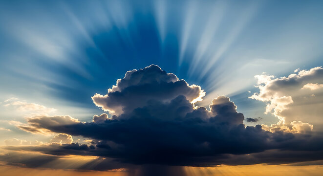 Awe-Inspiring Sky - Golden Crepuscular Rays Bursting from Behind a Silhouetted Cloud at Sunset.