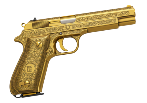 Isolated ornate antique pistol gun, golden finish. Engraved custom firearm in studio shot