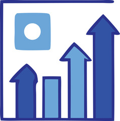 Growing business chart icon with upward arrows and data analytics symbol representing positive growth and financial success