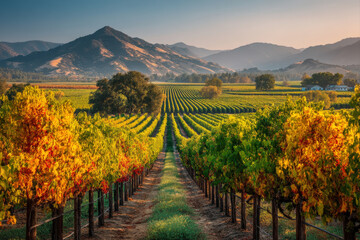 Naklejka premium Lush vineyard with neat rows of grapevines glowing in golden sunlight