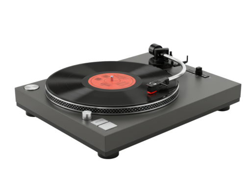 Isolated gray turntable with black vinyl LP playing, retro audio equipment object
