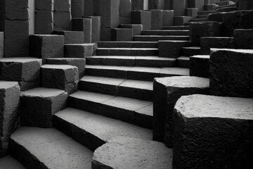 Basalt lava rock columns with hexagonal geometric pattern and dramatic shadows