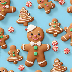 Fototapeta premium Festive gingerbread men and Christmas trees cookies arranged on a light blue background with candy.