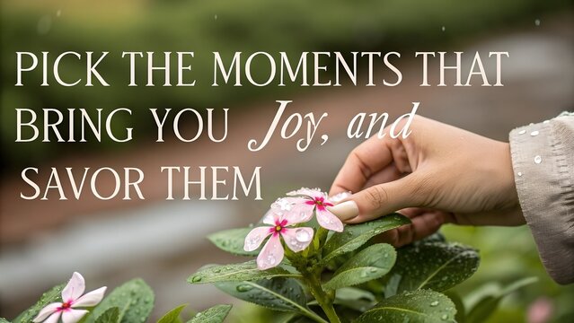 Picking flowers in garden, savoring joyful moments, inspirational quote.