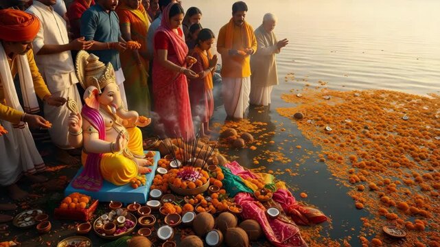 Vibrant ganesh chaturthi festival celebration with devotees immersing an idol of lord ganesha symbolizing new beginnings and blessings