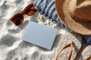 Summer beach essentials flat lay with sunglasses, hat, flip-flops, and blank card on sand