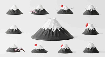 Collection of stylized representations of a majestic mountain, reminiscent of Mount Fuji, adorned with cherry blossoms and a rising sun motif
