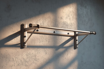 Minimalist metal pull up bar casting shadows on a plain wall in modern gym space