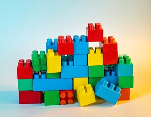 Fototapeta premium Colorful plastic blocks in a structured, unstable tower