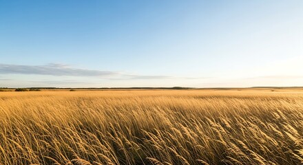 Obraz premium Golden Wheat Field Under a Clear Blue Sky at Sunset.