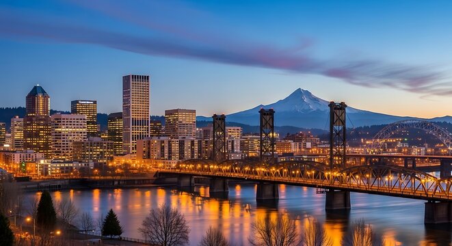 Portland Oregon Skyline and Mount Hood at Dusk.