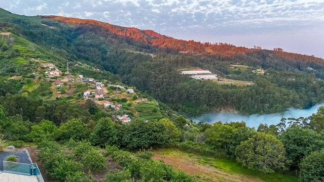 Sunset in Arco de Calheta, Madeira, Portugal. Drone photo. High quality photo