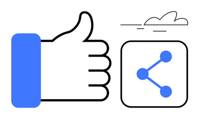 Thumbs-up approval next to a share network node. Ideal for social media, collaboration, connection, digital marketing, user feedback, promotion, interaction. Simple landing page