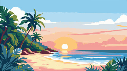 Tropical Beach Sunset with Palm Trees