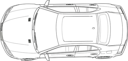 Top down view of a modern sedan car outline drawing with clean lines and a simple design isolated on transparent background