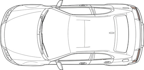 Detailed overhead blueprint sketch of a modern sports car showing its sleek aerodynamic design and contours isolated on transparent background