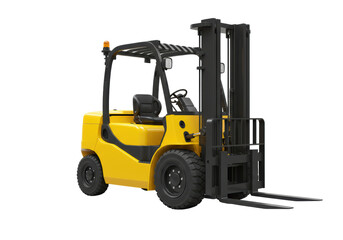 Isolated yellow forklift truck with vertical mast ready for work in a warehouse facility