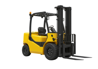 Isolated yellow forklift truck with vertical mast ready for work in a warehouse facility