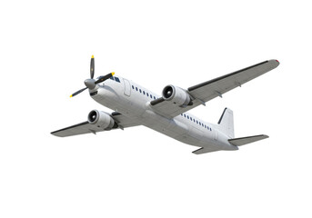 Isolated twin engine turboprop airliner in flight for aviation and transportation use