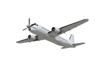 Isolated twin engine turboprop airliner in flight for aviation and transportation use