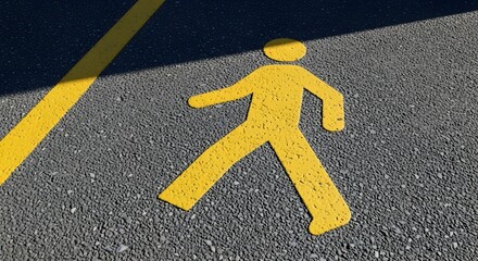 A bright yellow pedestrian walking symbol painted on a dark grey asphalt surface with a diagonal line.