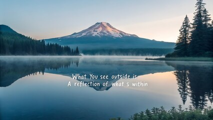 Serene Mountain Reflection on a Misty Lake at Sunrise.