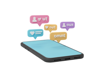 Isolated social media app, phone with colorful message notifications hovering above it