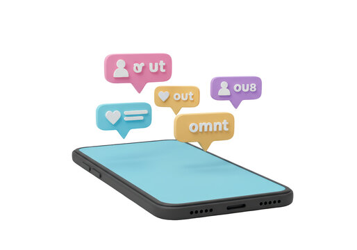Isolated social media app, phone with colorful message notifications hovering above it