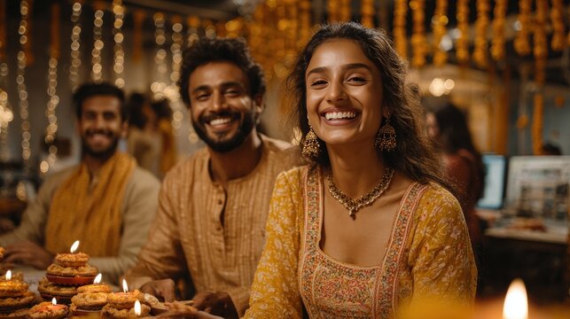 Joyful celebration of diwali with friends sharing traditional festivities