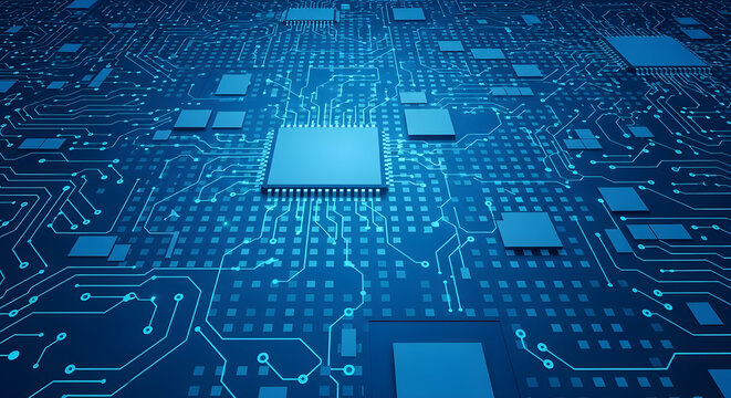 Close-up of a blue computer chip or integrated circuit board, the technology and modern processing for future technology with a processor technology