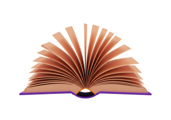 Isolated book with the pages spread open, purple hardcover book with tan colored pages
