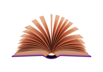 Isolated book with the pages spread open, purple hardcover book with tan colored pages
