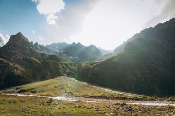 Adyrsu Gorge. Mount Ullu-Tau. Beautiful view of the raging mountain river. Nature and travel. Russia, Caucasus, Kabardino-Balkaria