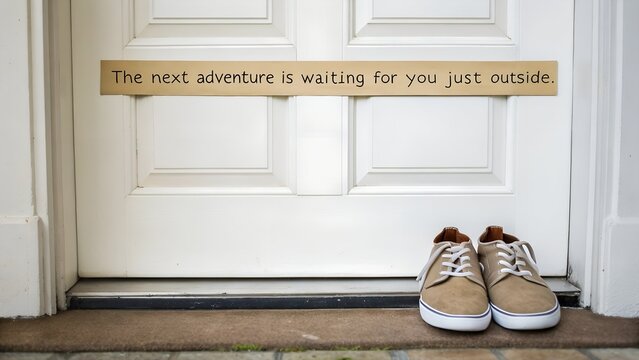 Shoes by a white door with a sign saying the next adventure is waiting outside.