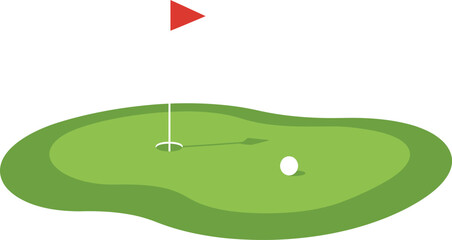 Golf green with a flag and ball on a sunny day representing a perfect shot on a course isolated on transparent background