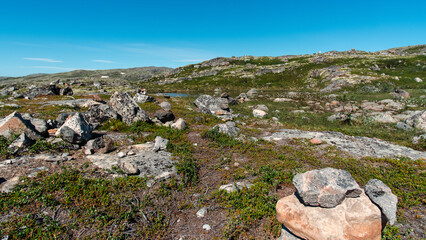 landscape Russian North view in the tundra with a mountain river and a lake in the mountains