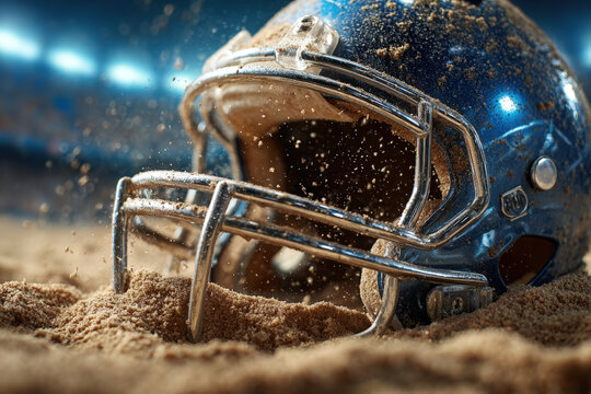 Rugby player mid-tackle with flying turf particles under bright stadium lights