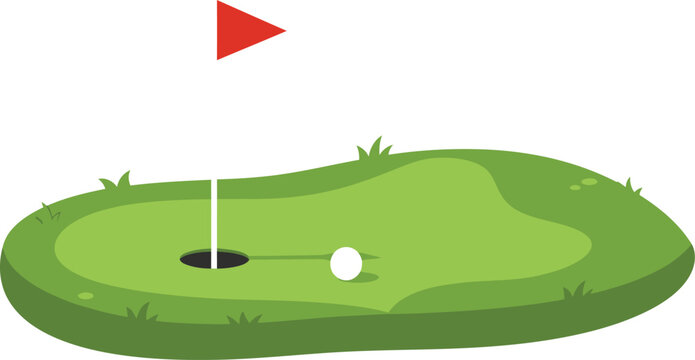 Stylized illustration of a golf hole with a flag and ball on a green putting surface isolated on transparent background