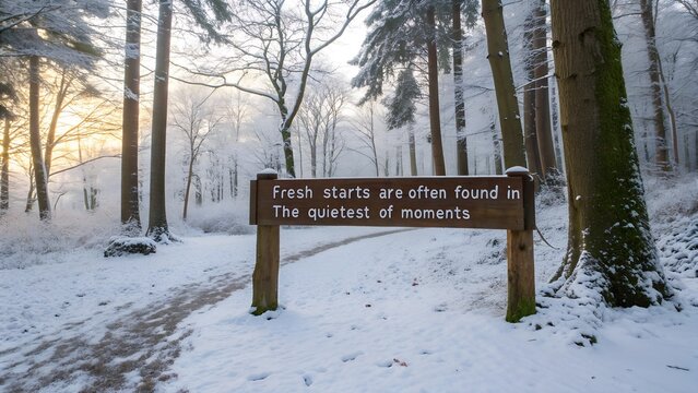 Snowy forest scene with inspirational quote on a sign.