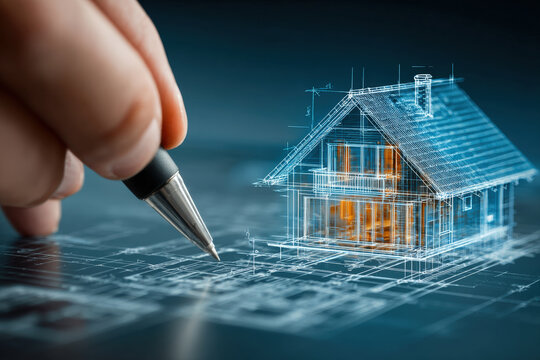 Digital stylus sketching modern house design on tablet for interior planning